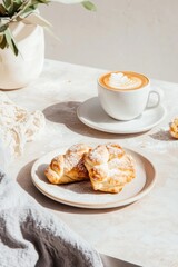 Delicate Italian breakfast with cornetto and cappuccino under soft morning light