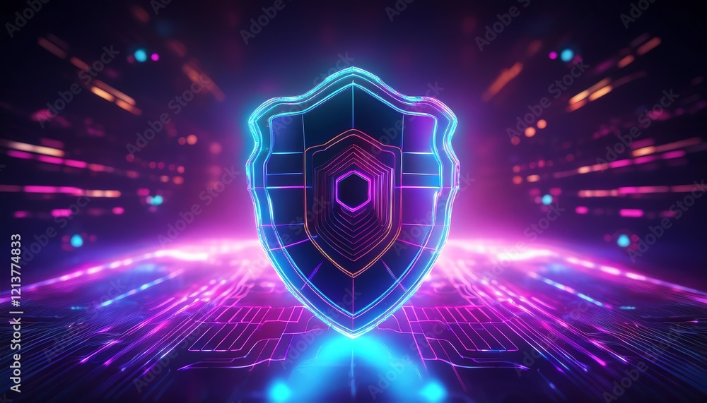 Poster a vibrant digital shield symbolizing cybersecurity, illuminated by neon lights and set against a fut