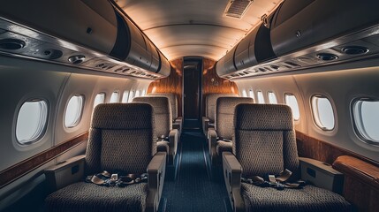 A vintage style airplane interior with retro fabric seats