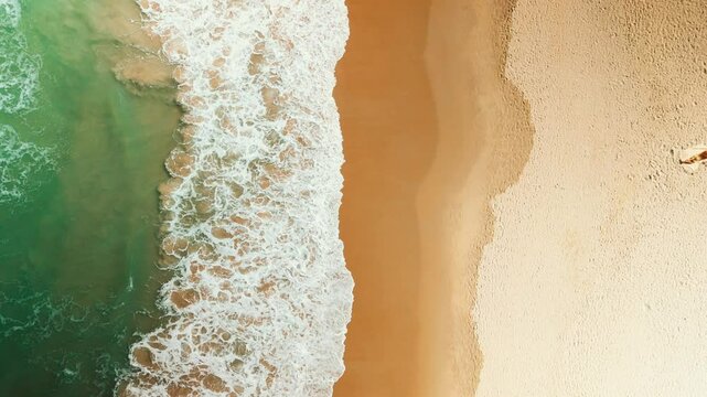 Aerial view revealing turquoise waves breaking over golden shoreline, highlighting dramatic color contrast between sparkling water and sunlit sandy beach