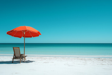 Fototapeta premium A beautiful white sandy beach with clear blue water and red umbrella in the foreground. There is a wooden sun lounger under it.The sky above is a very bright blue, with a photorealistic appearance. 