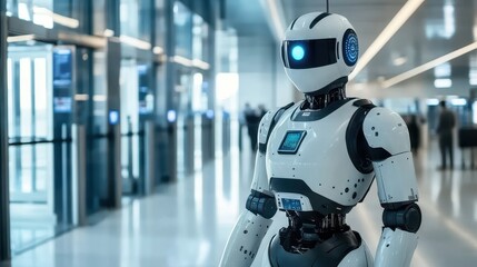 Fototapeta premium Futuristic humanoid robot standing in a modern airport terminal