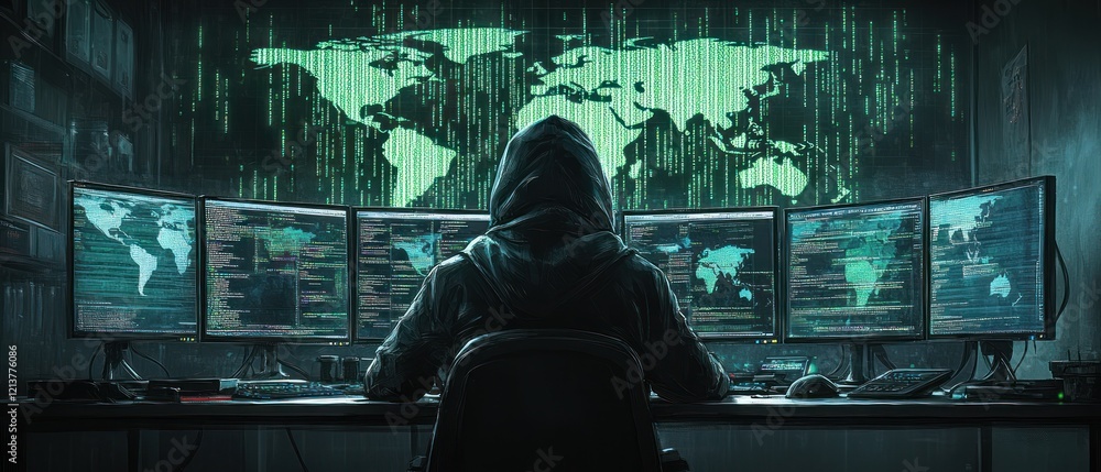 Poster hacker analyzing data with multiple screens at night