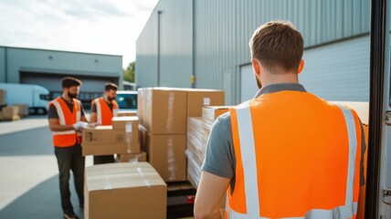 Warehouse workers in safety vests efficiently manage delivery boxes in a loading area, showcasing teamwork and logistics in action.