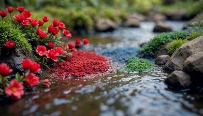Colored Stream Banks with Vibrant Flowers and Muted Rocks