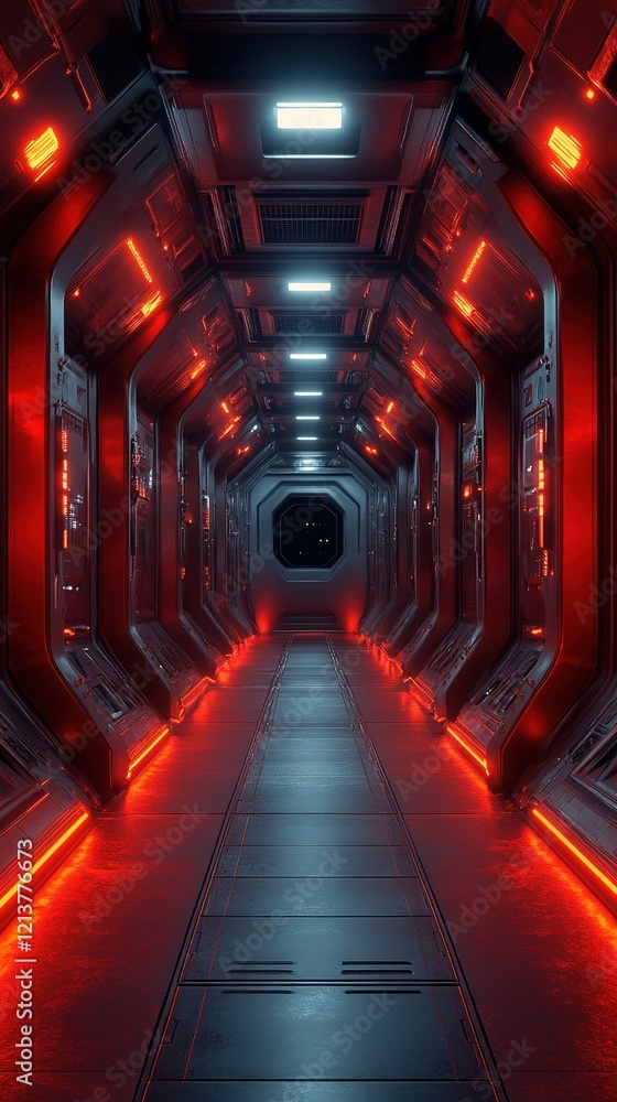 Poster spaceship corridor with red lights and window view of space
