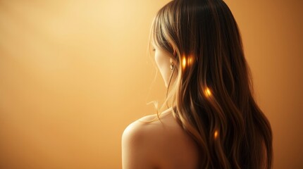 Blonde hair illuminated by warm light, side profile, bare shoulders, golden hour glow, soft focus, intimate portrait,