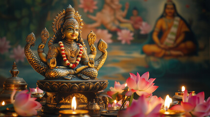 Obraz premium A beautiful Matsya statue, with fish body parts decorated with gold scales and traditional ornaments, placed on an altar full of lotus flowers and oil lamps, Ai generated images