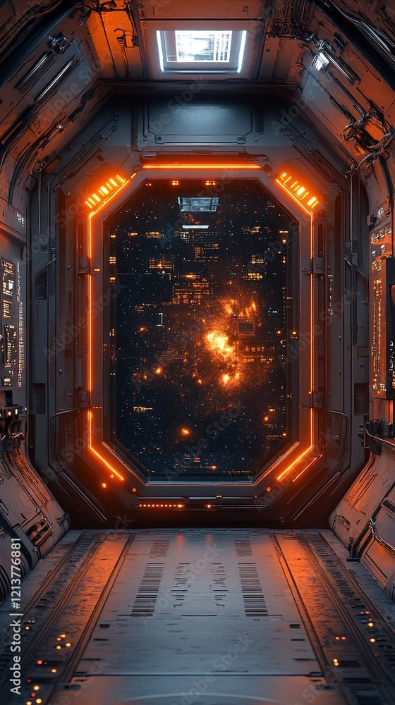 Poster spaceship hallway with nebula view from window