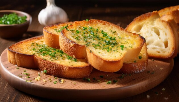 Tasty toasts with garlic, homemade products appetizer, garlic bread served in wooden plate 