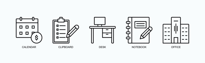 Essentials Of The Workspace Icon Set Isolated Vector With Icon Of Calendar, Clipboard, Desk, Notebook, Office In Outline Style