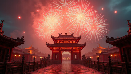 Fototapeta premium Chinese New Year Fireworks Temple Gate - Festive celebrations
