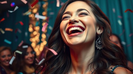 Joyful woman laughing, vibrant red lipstick, long dark wavy hair, dazzling white teeth, dangly earrings, colorful confetti falling, blurred festive background, nightclub atmosphere, closeup portrait