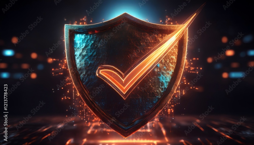 Poster a glowing shield with a checkmark suggests security and protection in a digital environment.