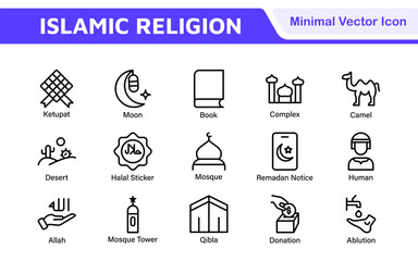 Islamic Icon Set. A beautifully crafted collection of icons reflecting Islamic culture and traditions, educational materials, apps, and websites, and Islamic community.