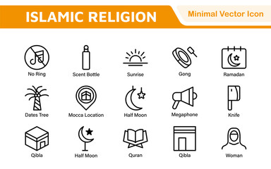 Islamic Icon Set. A beautifully crafted collection of icons reflecting Islamic culture and traditions, educational materials, apps, and websites, and Islamic community.