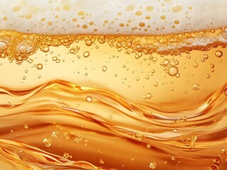 Flowing Golden Beer with Foamy Carbonation Bubbles in Frame