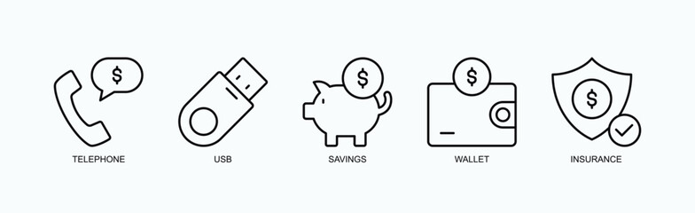 Connect And Protect Icon Set Isolated Vector With Icon Of Telephone, Usb, Savings, Wallet, Insurance In Outline Style