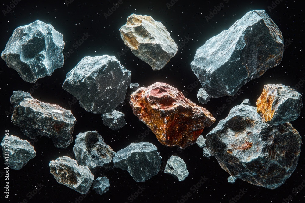 Poster asteroids floating in space with starry background