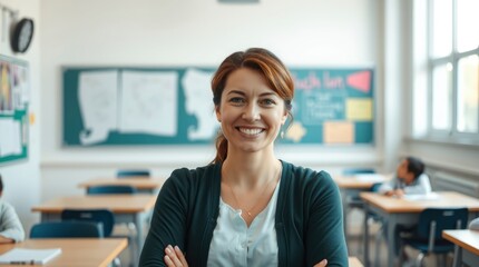 Fototapeta premium Smiling woman, classroom setting, teacher, educator, professional attire, blue blouse, warm expression, school environment, bulletin boards in background, natural lighting, friendly demeanor