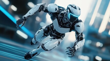 Futuristic Robot Sprinting in Urban Environment with Neon Lights