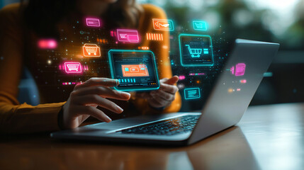 A dynamic image of a person seated at a table, using a laptop for online shopping, with a smartphone showing order details and holographic e-commerce icons surrounding them.