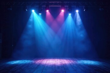 Deep indigo stage, multiple colored spotlights, hazy, design, texture