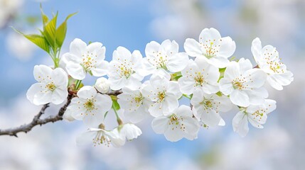 Obraz premium White cherry blossoms blooming in spring, soft blue sky background, nature scene, perfect for spring themes