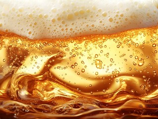 Flowing Amber Brew with Foamy Carbonation Bubbles and Effervescent Texture