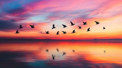 Obraz premium A stunning sunset over water, with a flock of birds gracefully flying across the sky, creating a serene and picturesque scene.