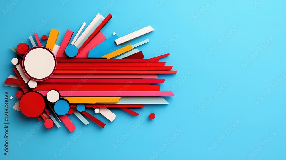 Poster Abstract Geometric Design: Vibrant explosion of colorful shapes and lines against a light blue background, creating a dynamic and energetic composition ideal for modern design projects.