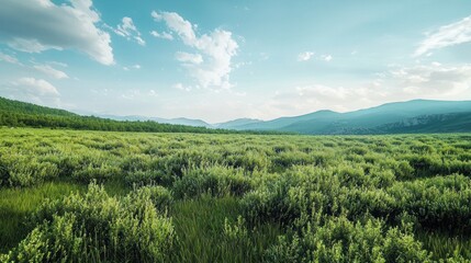 Fototapeta premium Serene Green Meadow Landscape Under a Blue Sky