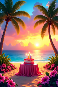 Tropical Beach Paradise with Palm Trees, Sunset, and Ocean View"