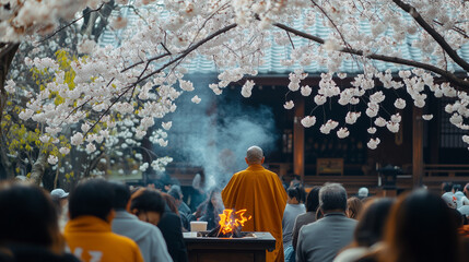 Naklejka premium Beautiful view of Higan Festival in a temple garden, a monk standing in front of a small fire altar leading prayers, Ai generated images