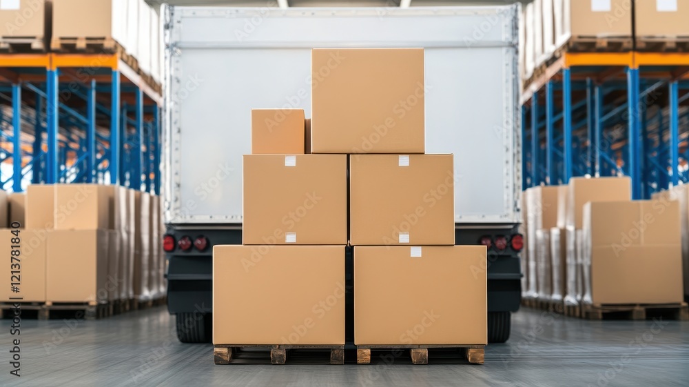 Aufkleber a stack of cardboard boxes is loaded onto a pallet in a warehouse setting, with shelves of additiona