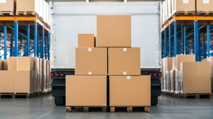 A stack of cardboard boxes is loaded onto a pallet in a warehouse setting, with shelves of additional boxes visible in the background.