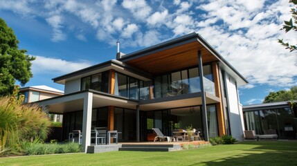 Modern house, sunny backyard, luxury homes, outdoor patio, green lawn