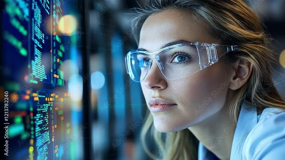 Poster focused data analyst: a determined female data analyst, wearing protective eyewear, intently studies