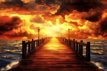 Obraz premium Dramatic Sunset Over Water with Pier Illuminated by Lanterns in Twilight Sky, Capturing Vibrant Colors and Serene Ambiance of Nature's Beauty