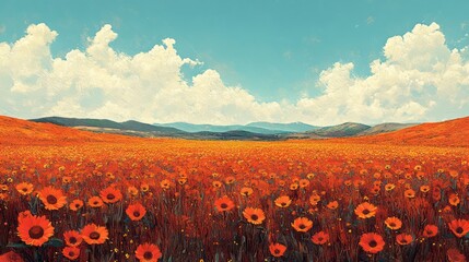Orange Flower Fields Under a Summer Sky