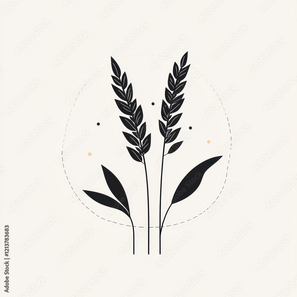 Poster two black wheat stalks grow in a circle on a light background for branding or a design element