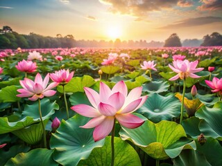 Aerial View of Vast Lotus Flower Farm, Aquatic Agriculture, Blooming Lotus, Water Lily Field, Drone Photography