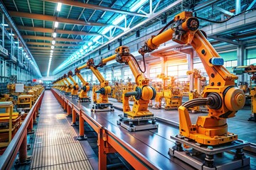 Automated Factory: Industrial Robots Working on Assembly Line, High-Tech Manufacturing, Smart Factory, Robotic Automation, Future of Industry