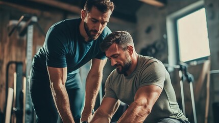 Personal Trainer Guiding Client Fitness Workout Gym Exercise