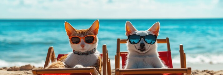 Cool Cats and Dogs Relaxing on Beach Chairs in Summer Sunshine