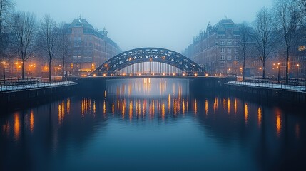 Naklejka premium Winter Canal Scene with Bridge and City Buildings