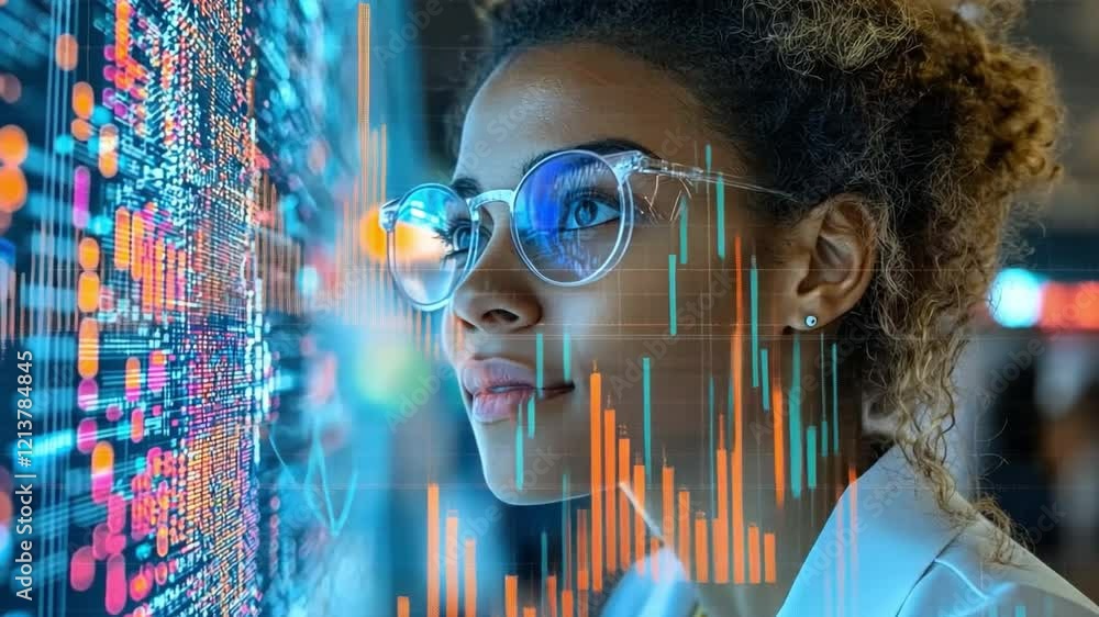 Poster data driven decisions: a young businesswoman analyzes complex data projected onto a digital screen. 