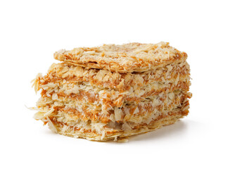 Delicious layers of crispy oat biscuits stacked elegantly on a white background showcasing texture and design