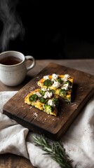 Rustic frittata with broccoli and goat cheese served on wooden board