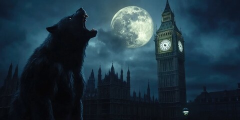 Howling Werewolf London Nighttime Full Moon Big Ben